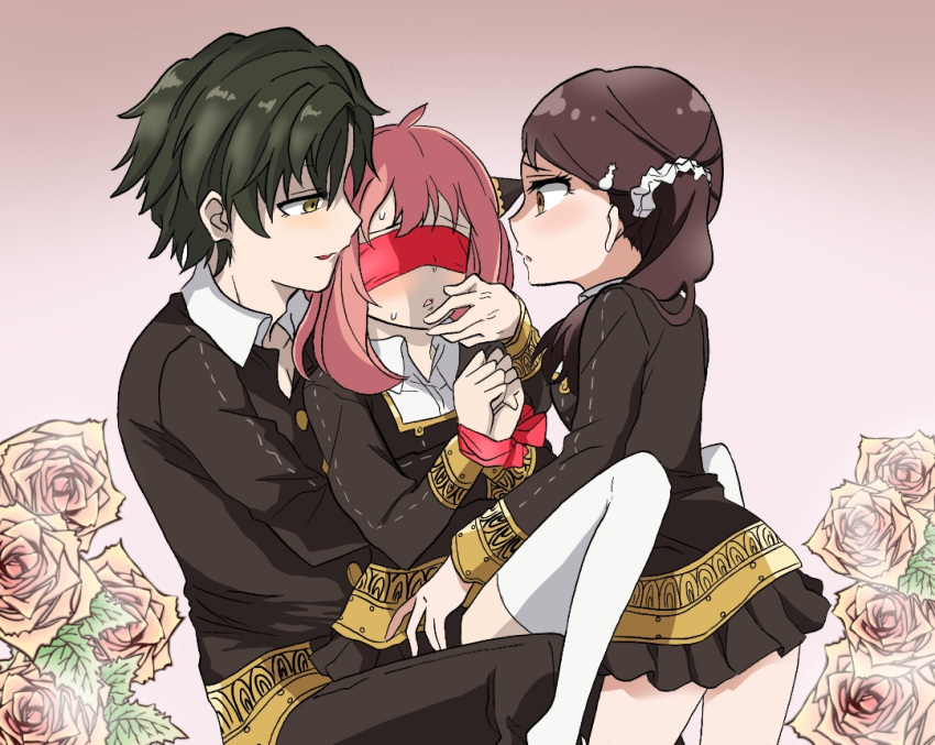 1boy, 2girls, aged_up, anya_(spy_x_family), becky_blackbell, blindfold, bomb_hair_ornament, bound, caressing_cheek, commentary, covered_eyes, damian_desmond, eden_academy_school_uniform, floral_background, hair_ornament, hair_scrunchie, hairpods, hetero, hug, hug_from_behind, katsuragi_junko, multiple_girls, partially_shaded_face, pink_hair, polyamory, red_blindfold, rose_background, school_uniform, scrunchie, short_twintails, sitting, sitting_on_lap, sitting_on_person, spy_x_family, twintails, yuri