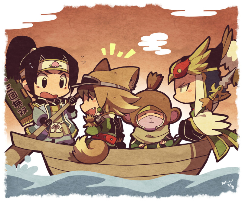 4boys, animal_ears, black_hair, blush_stickers, boat, brown_hair, chibi, chibi_only