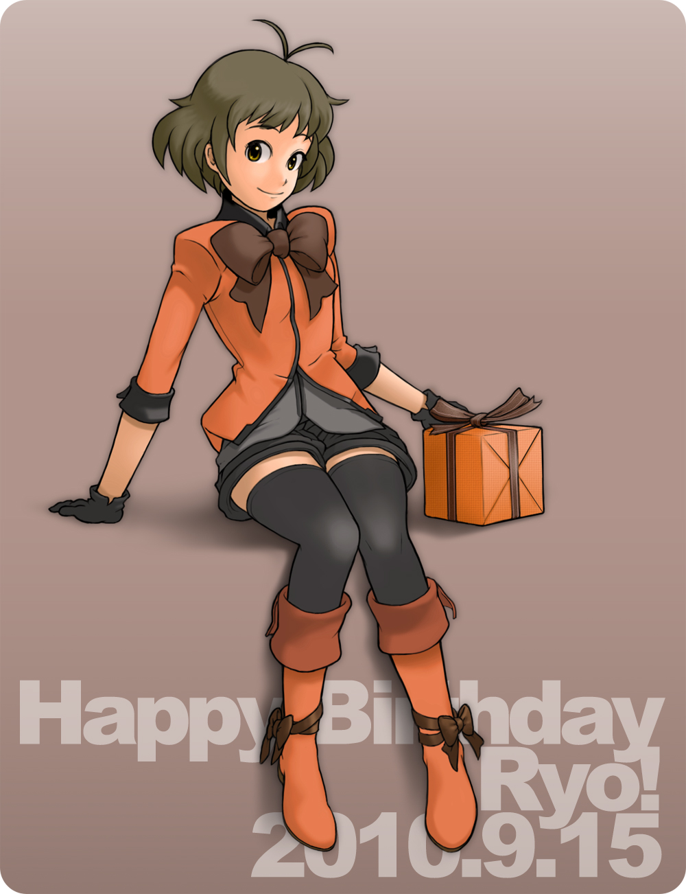 black_legwear, black_thighhighs, boots, box, brown_eyes, brown_hair, crossdressinging, gift