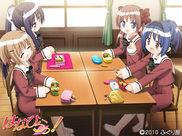 4girls, black_hair, blue_eyes, blue_hair, blush, brown_eyes, brown_hair, hanahira