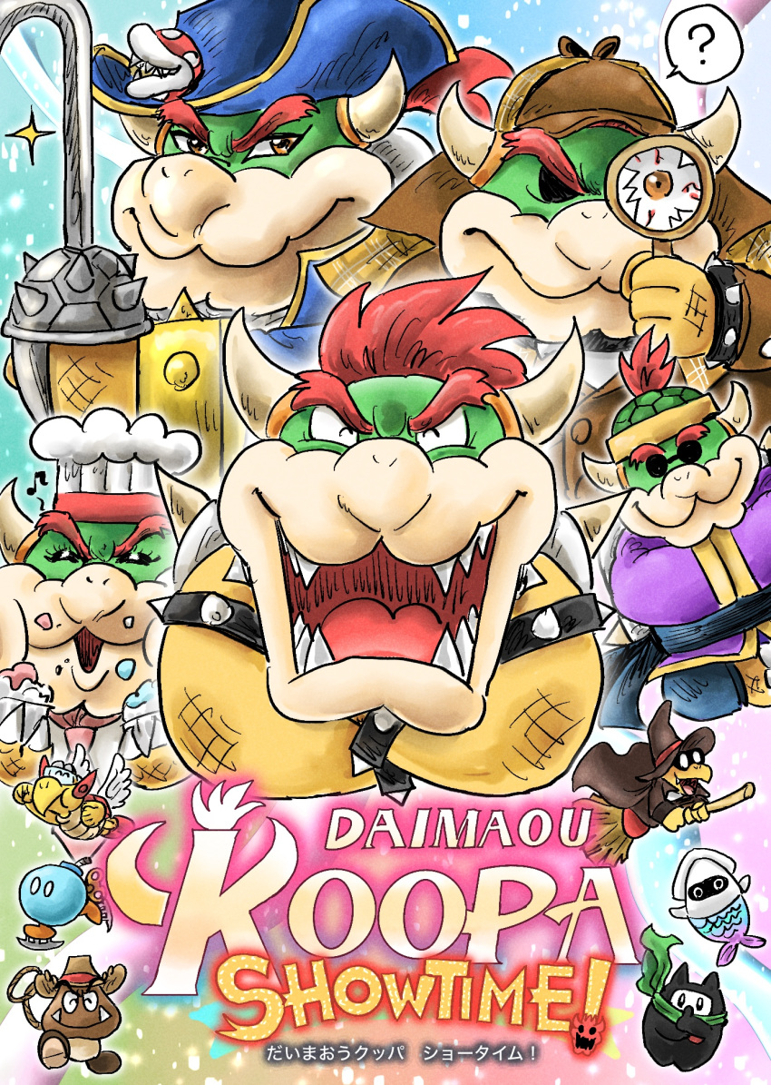 ?, blooper_(mario), bob-omb, bowser, bracelet, chef_hat, coat, colored_skin