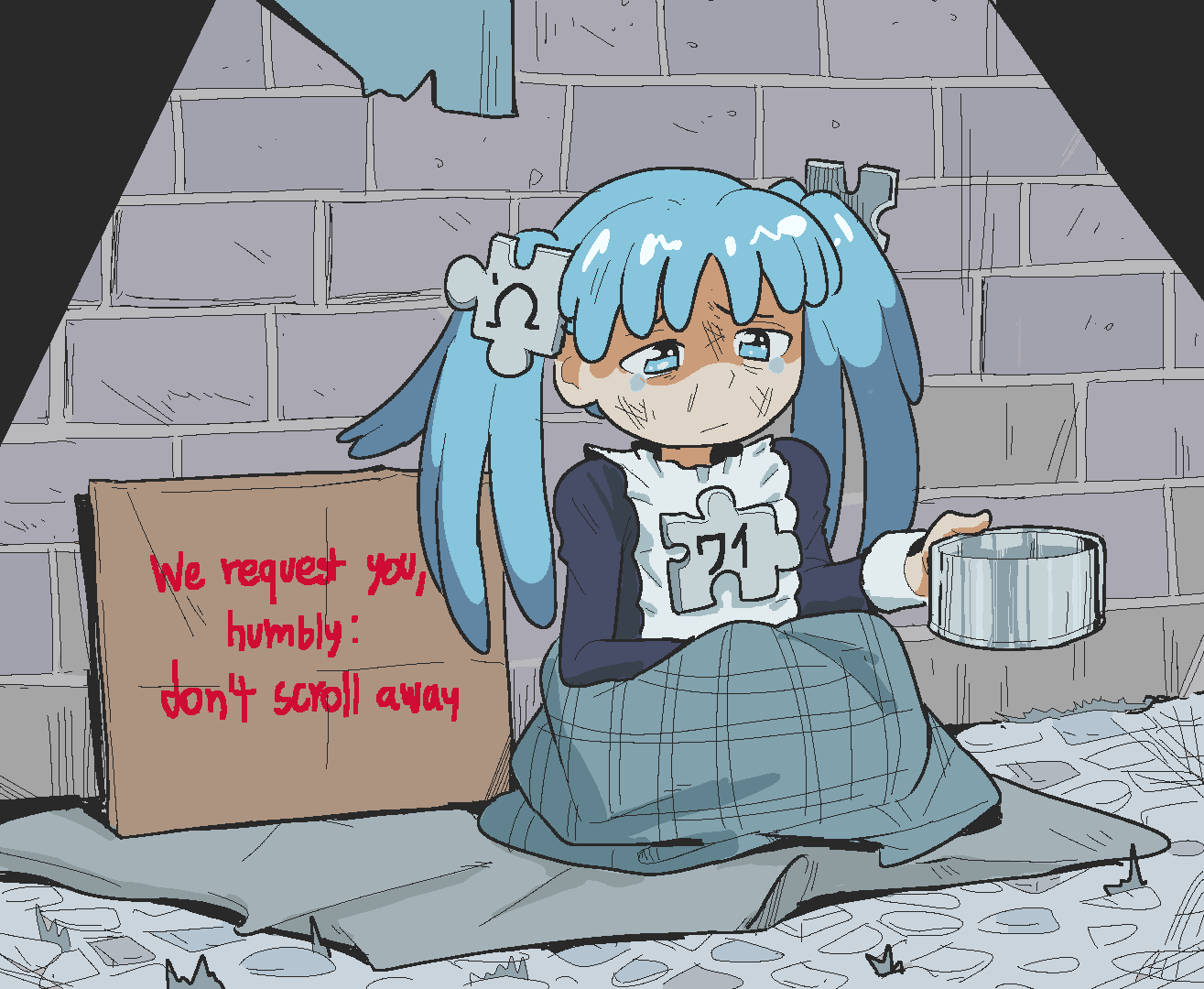 1girl, begging, blue_eyes, blue_hair, bruise, bruise_on_face, crying, dirty, dirty_clothes, dirty_face, homeless, injury, long_hair, panhandling, personification, poverty, psicochurroz, puzzle_piece_hair_ornament, spotlight, tears, twintails, wikipe-tan, wikipedia