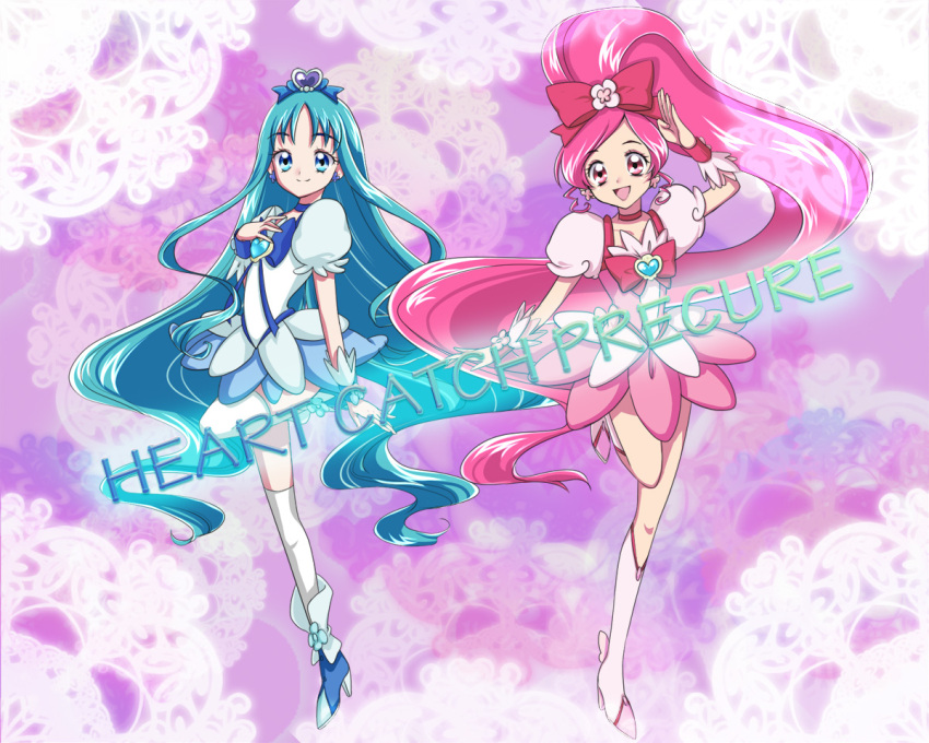 2girls, blue_bow, blue_bowtie, blue_choker, blue_dress, blue_eyes, blue_flower, blue_footwear