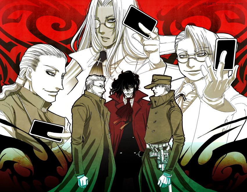 1girl, 5boys, alexander_anderson, alucard_(hellsing), ascot, captain_(hellsing), card, coat