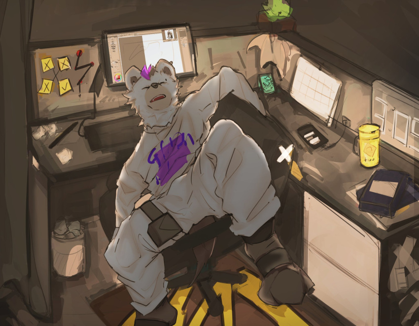 1boy, adobe_photoshop, arknights, black_footwear, book, chair, closed_eyes, computer