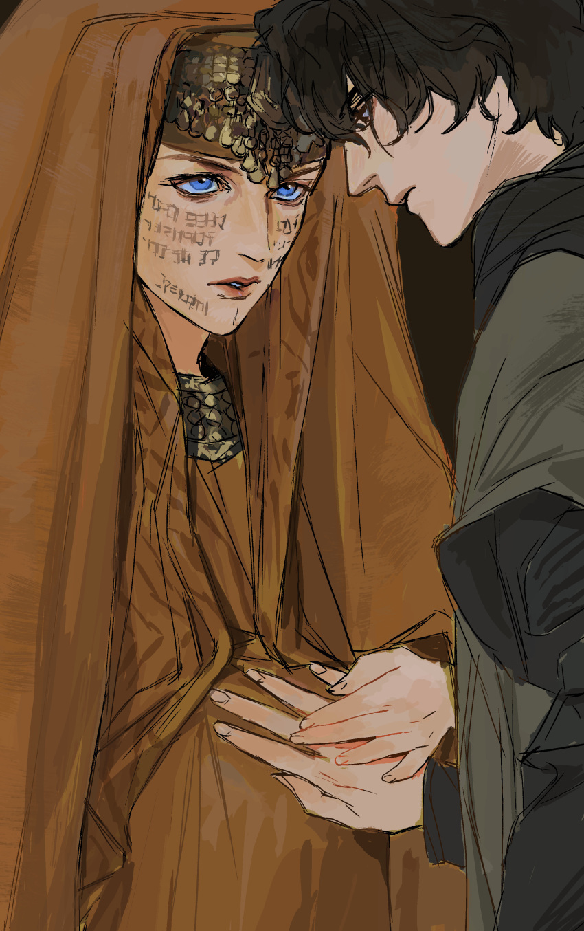 1boy, 1girl, absurdres, auroradiation, big_belly, black_hair, blue_eyes, dune:_part_two