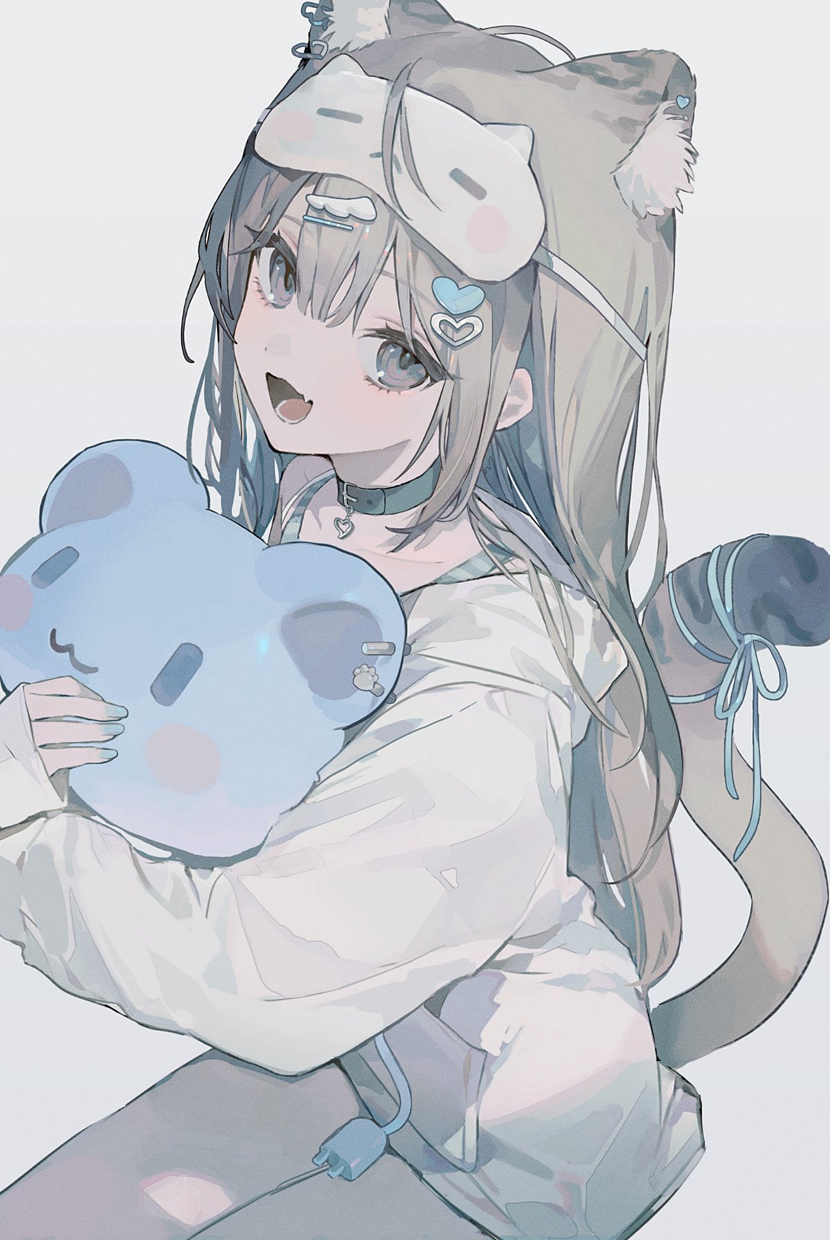 1girl, :d, animal_ear_fluff, animal_ear_piercing, animal_ears, black_collar, blue_nails, blush