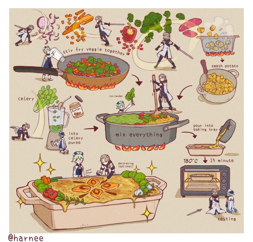 1boy, 1girl, albedo_(genshin_impact), arrow_(symbol), bell_pepper, blender_(object), broccoli, carrot