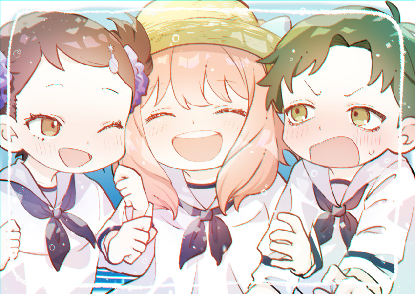 1boy, 2girls, absurdres, anya_(spy_x_family), becky_blackbell, blush, brown_eyes, brown_hair, child, closed_eyes, commentary_request, damian_desmond, dress, green_eyes, green_hair, hair_ornament, hair_scrunchie, hat, highres, locked_arms, multiple_girls, one_eye_closed, pink_hair, sailor_dress, scrunchie, spy_x_family, sun_hat, sweat, tanda_sui, twintails, v-shaped_eyebrows
