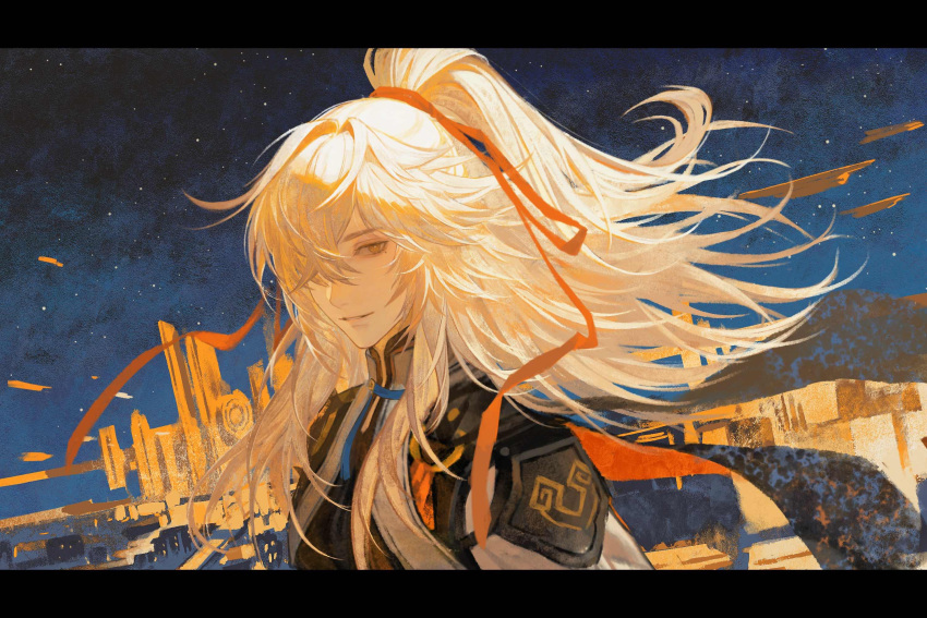 1boy, blonde_hair, calendulamew, chinese_commentary, city, commentary_request, crossed_bangs, floating_hair
