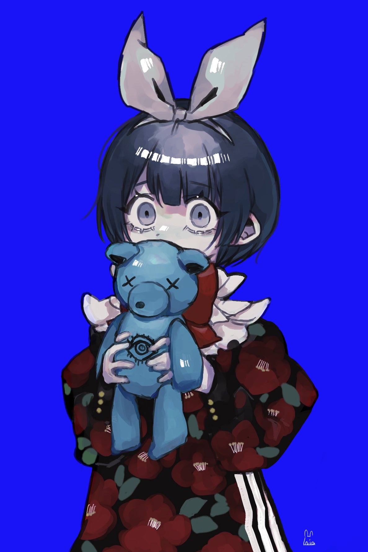 1girl, blue_background, blue_eyes, blue_hair, bow, bowtie, dress, empty_eyes, floral_print_dress, hair_bow, hairband, highres, holding, holding_stuffed_toy, indie_utaite, morning_nemui, pale_skin, red_bow, red_bowtie, scared, shaded_face, signature, simple_background, solo, stuffed_animal, stuffed_toy, teddy_bear, unnamed_girl_(x0o0x), utaite, white_bow, white_hairband, wide-eyed