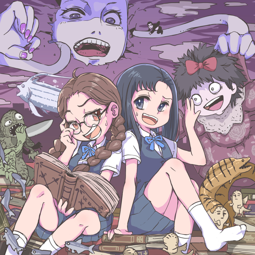 absurdres, black_eyes, black_hair, book, bow, braid, brown_eyes, brown_hair