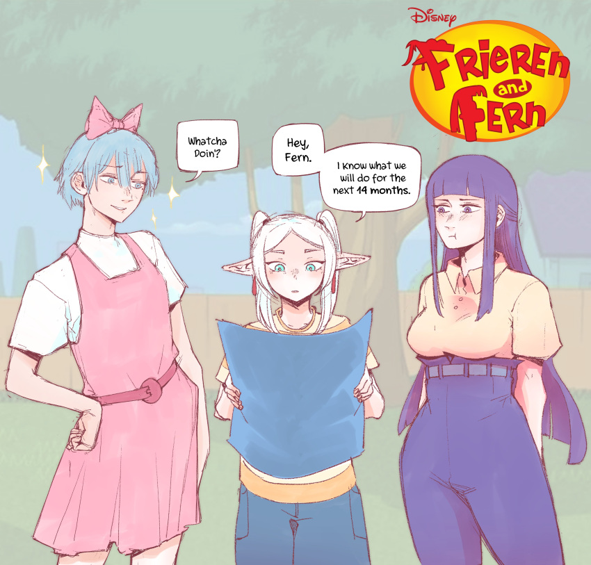 1boy, 2girls, :i, absurdres, blue_pants, blueprint_(object), blunt_bangs, bow