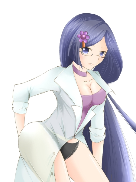 1girl, blush, breasts, cleavage, glasses, hair_ornament, hairclip, labcoat