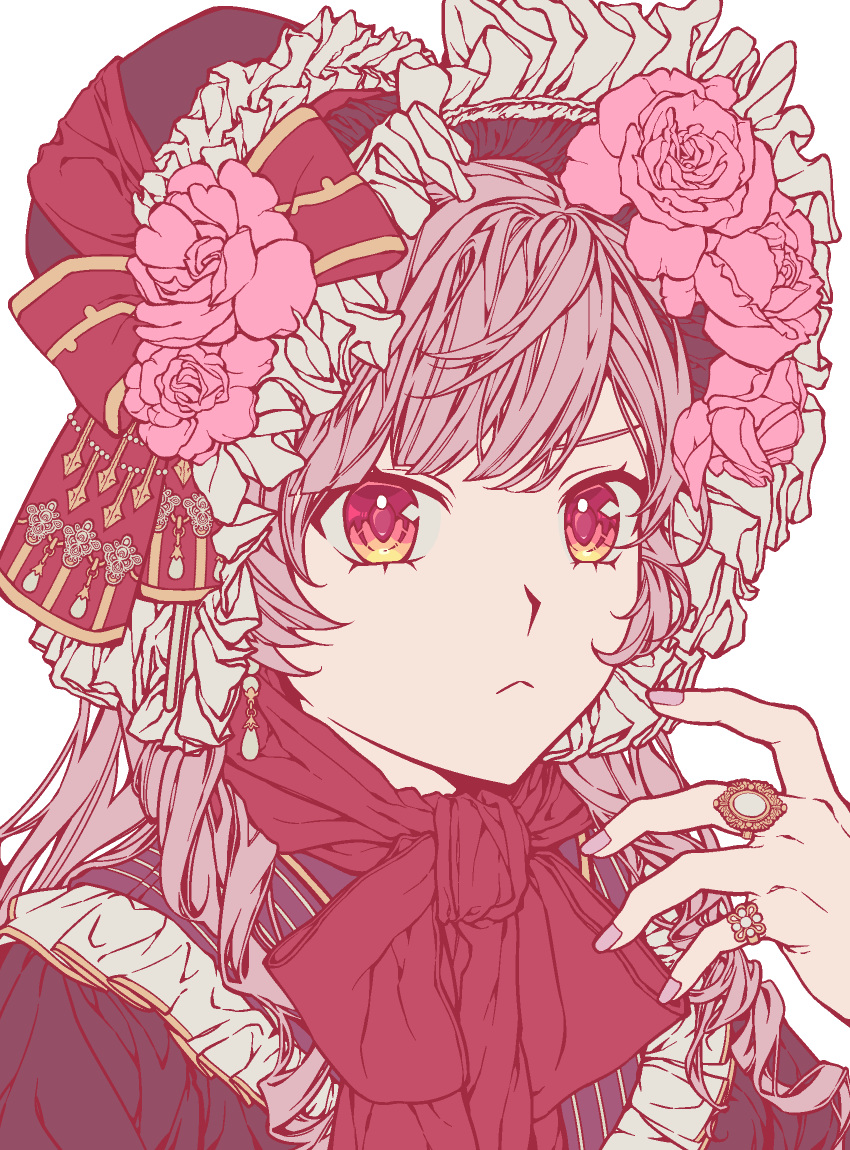 1girl, :<, bow, canisalpine, dress, drill_hair, earrings, flower