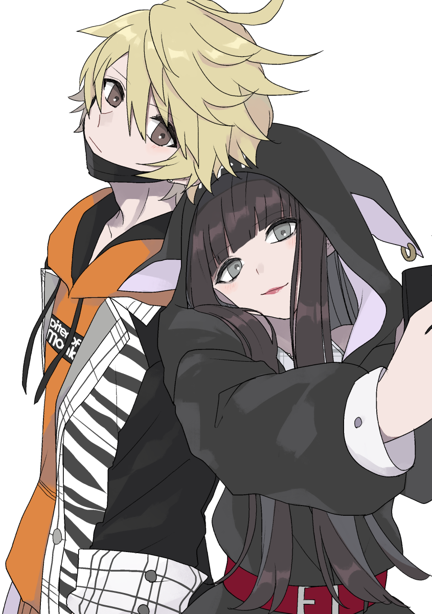 1boy, 1girl, animal_hood, belt, black_hair, blonde_hair, blunt_bangs, brown_hair