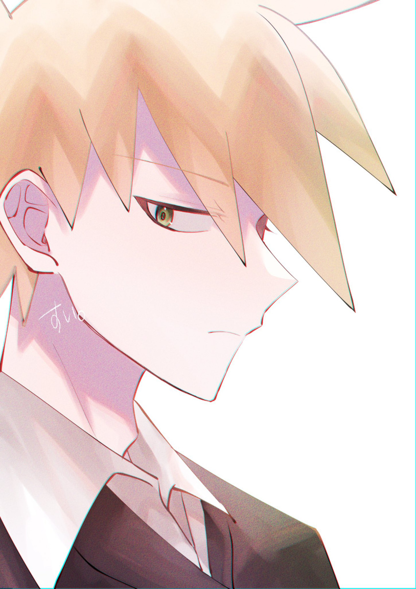 1boy, blue_oak, chromatic_aberration, commentary_request, frown, green_eyes, highres, male_focus, orange_hair, pokemon, pokemon_adventures, portrait, profile, signature, solo, tanda_sui