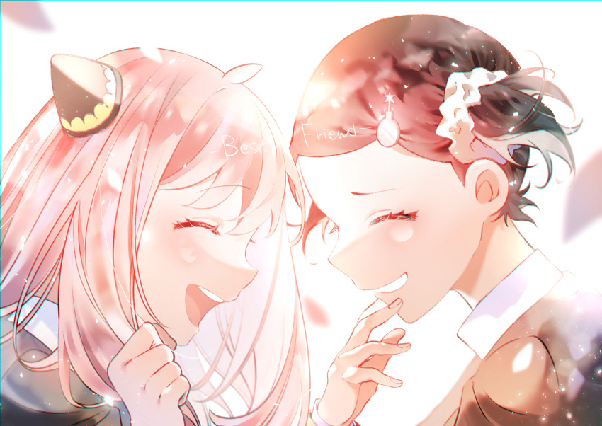 2girls, absurdres, anya_(spy_x_family), backlighting, becky_blackbell, black_hair, blurry, bomb_hair_ornament