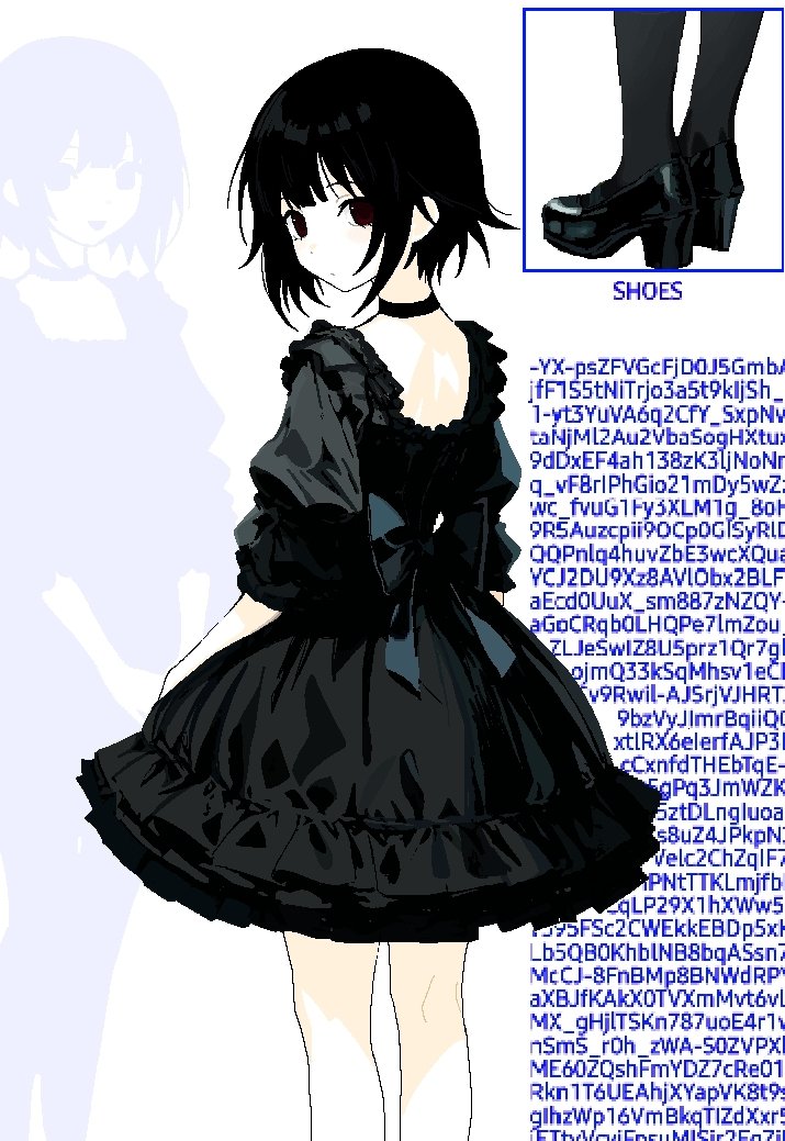 1girl, back_bow, black_bow, black_choker, black_dress, black_eyes, black_footwear, black_hair