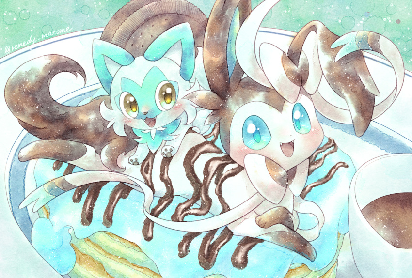 alternate_color, blue_eyes, blush, bow, chocolate, coffee, cookie, doughnut