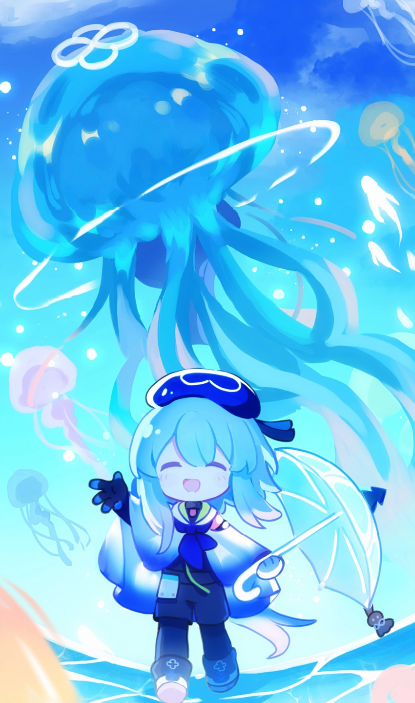 1boy, absurdres, akaruku, arknights, arm_up, beret, black_gloves, black_shirt