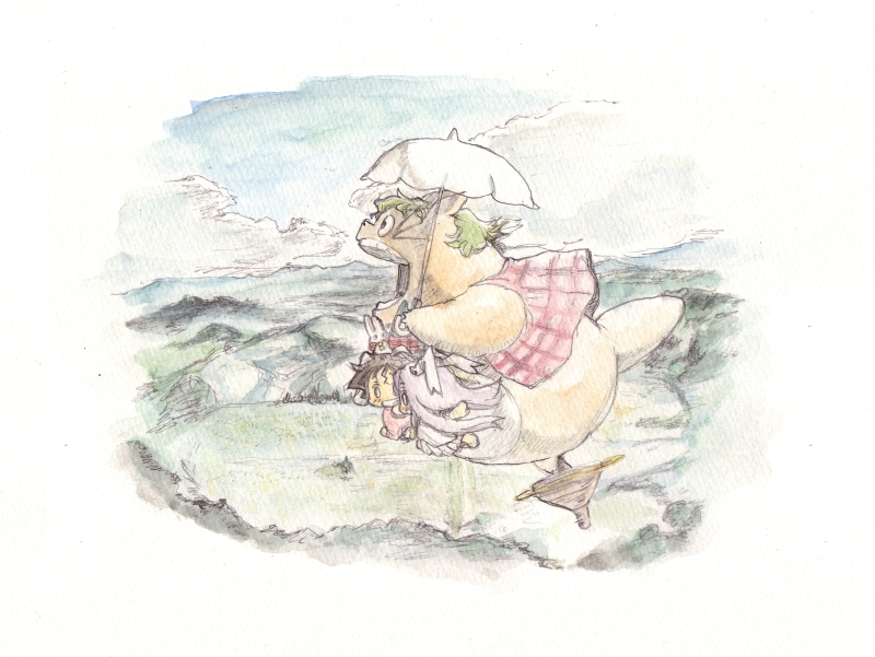 baku_taso, bunny_ears, chibi, cloud, cosplay, crossover, flying, ghibli