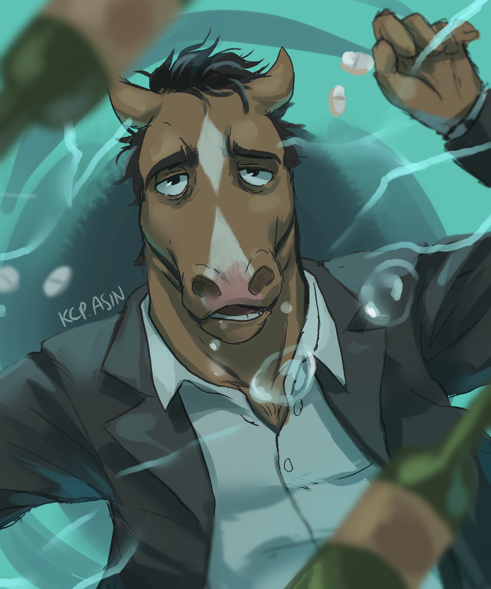 1boy, air_bubble, animal_ears, artist_name, black_suit, bojack_horseman, bojack_horseman_(series), bottle