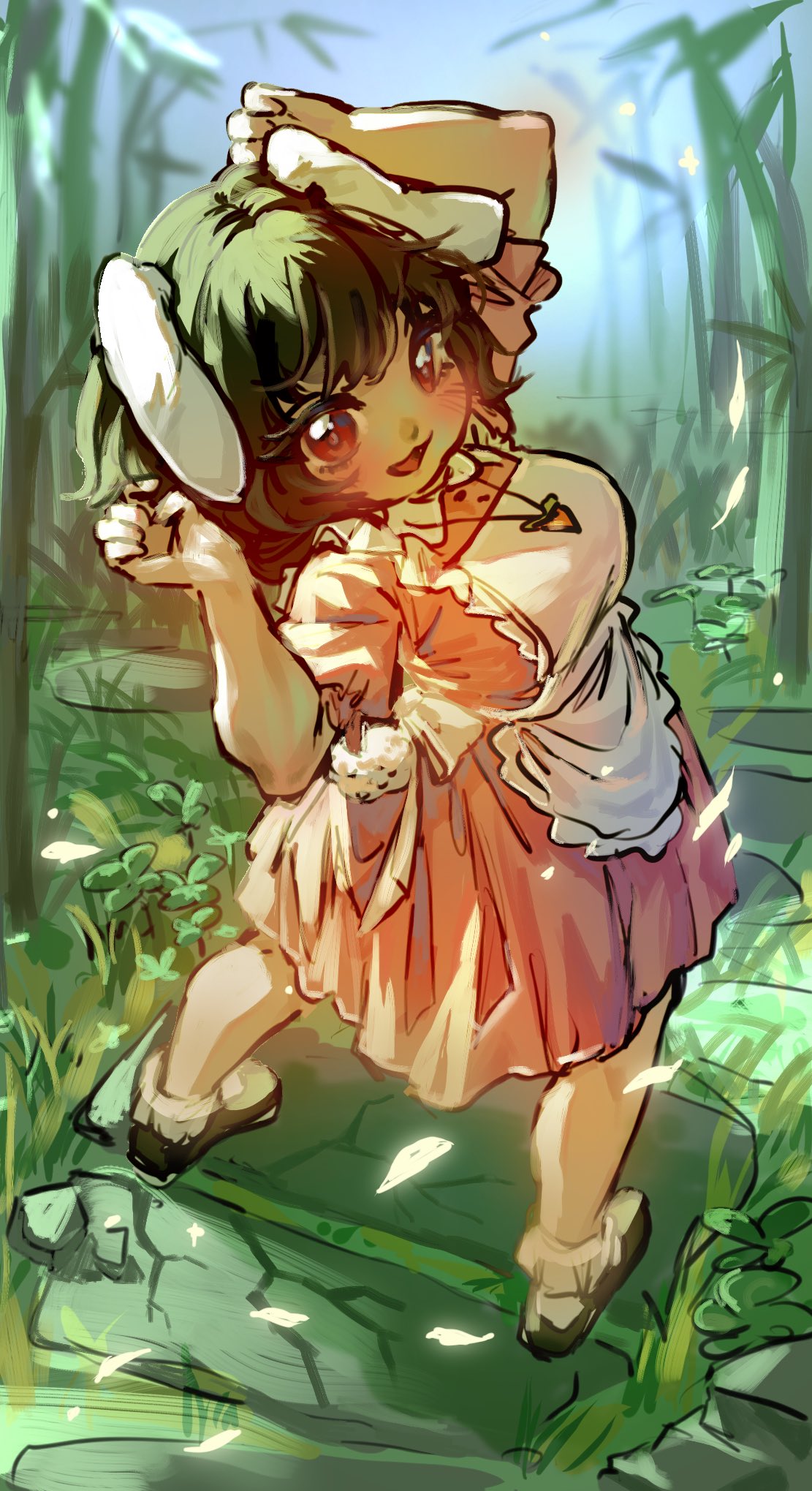 1girl, animal_ears, apron, black_footwear, black_hair, carrot_necklace, commentary, dress