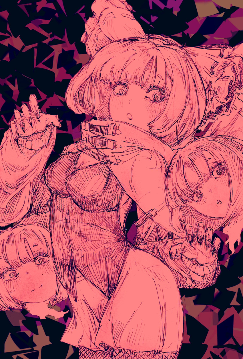 1girl, blush, bow, breasts, cloak, commentary_request, disembodied_head, hair_bow, highres, long_sleeves, looking_at_viewer, monochrome, multiple_heads, open_mouth, sekibanki, shirt, short_hair, skirt, solo, touhou, umaieokakitai