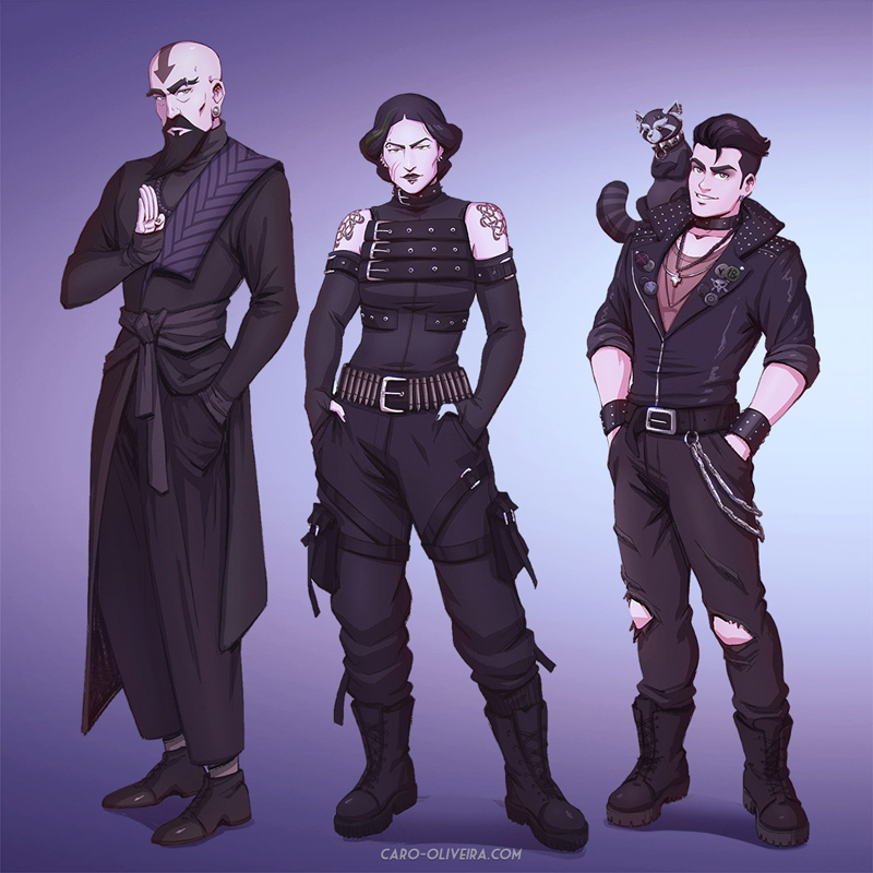 1girl, 1other, 2boys, alternate_costume, arrow_tattoo, avatar_legends, bare_shoulders, beard