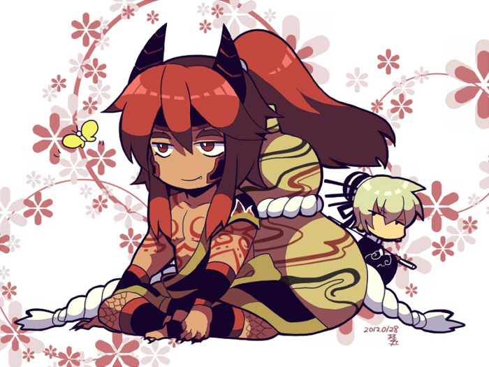 2boys, arm_tattoo, black_horns, black_wristband, bug, butterfly, chest_tattoo, chibi