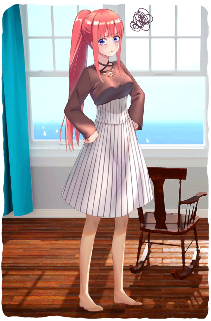 blue_eyes, botan_(oacdrykafjf3g3d), brown_shirt, chair, confused, curtains, furrowed_brow, go-toubun_no_hanayome, hands_on_own_hips, high-waist_skirt, highres, long_bangs, long_skirt, nakano_nino, no_shoes, pantyhose, ponytail, redhead, rocking_chair, sheer_pantyhose, shirt, skirt, striped_clothes, striped_skirt, wide_sleeves, window, wooden_floor