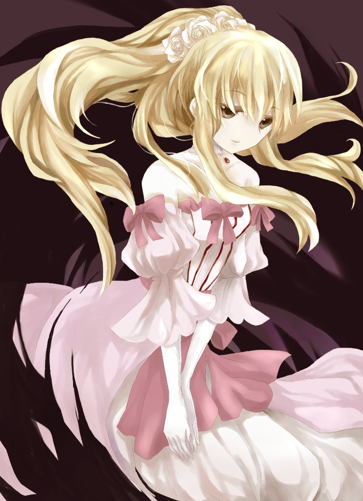 blonde_hair, bow, brown_eyes, choker, darkness, detached_sleeves, dress, elbow_gloves, flower, gloves, hair_flower, hair_ornament, hands_together, jewelry, lampnote17, long_hair, pandora_hearts, pink_dress, ponytail, sharon_rainsworth, solo, white_gloves