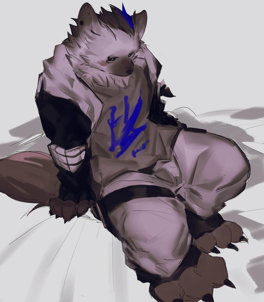 1boy, arknights, black_eyes, black_jacket, claws, commentary, furry, furry_male
