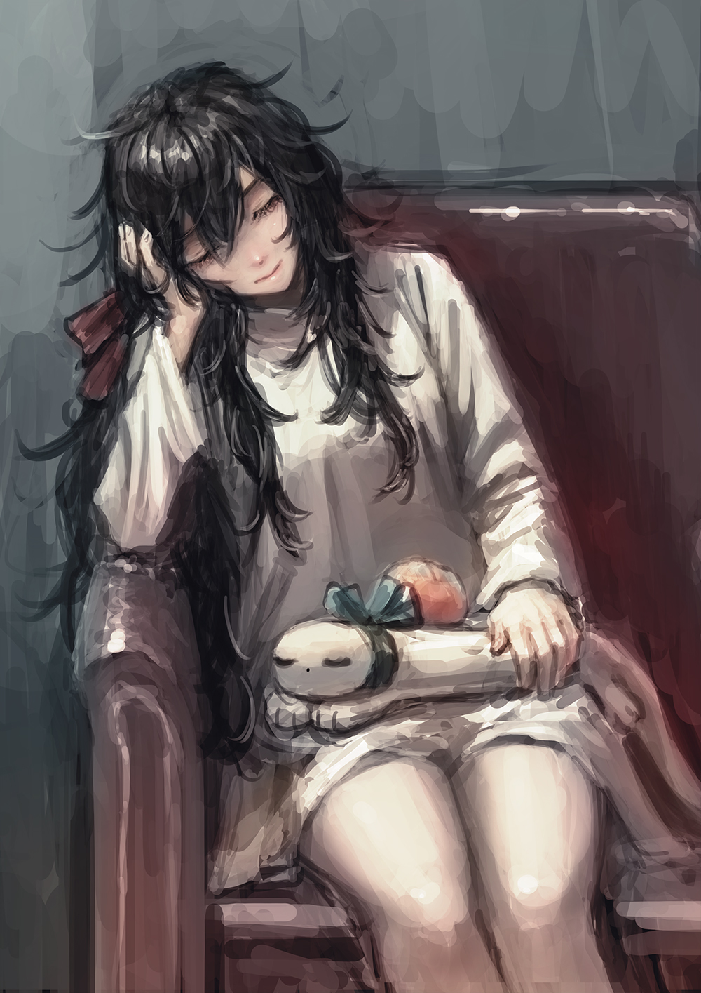 1girl, black_hair, borrowed_character, chair, closed_eyes, creature_on_lap, dress, feet_out_of_frame