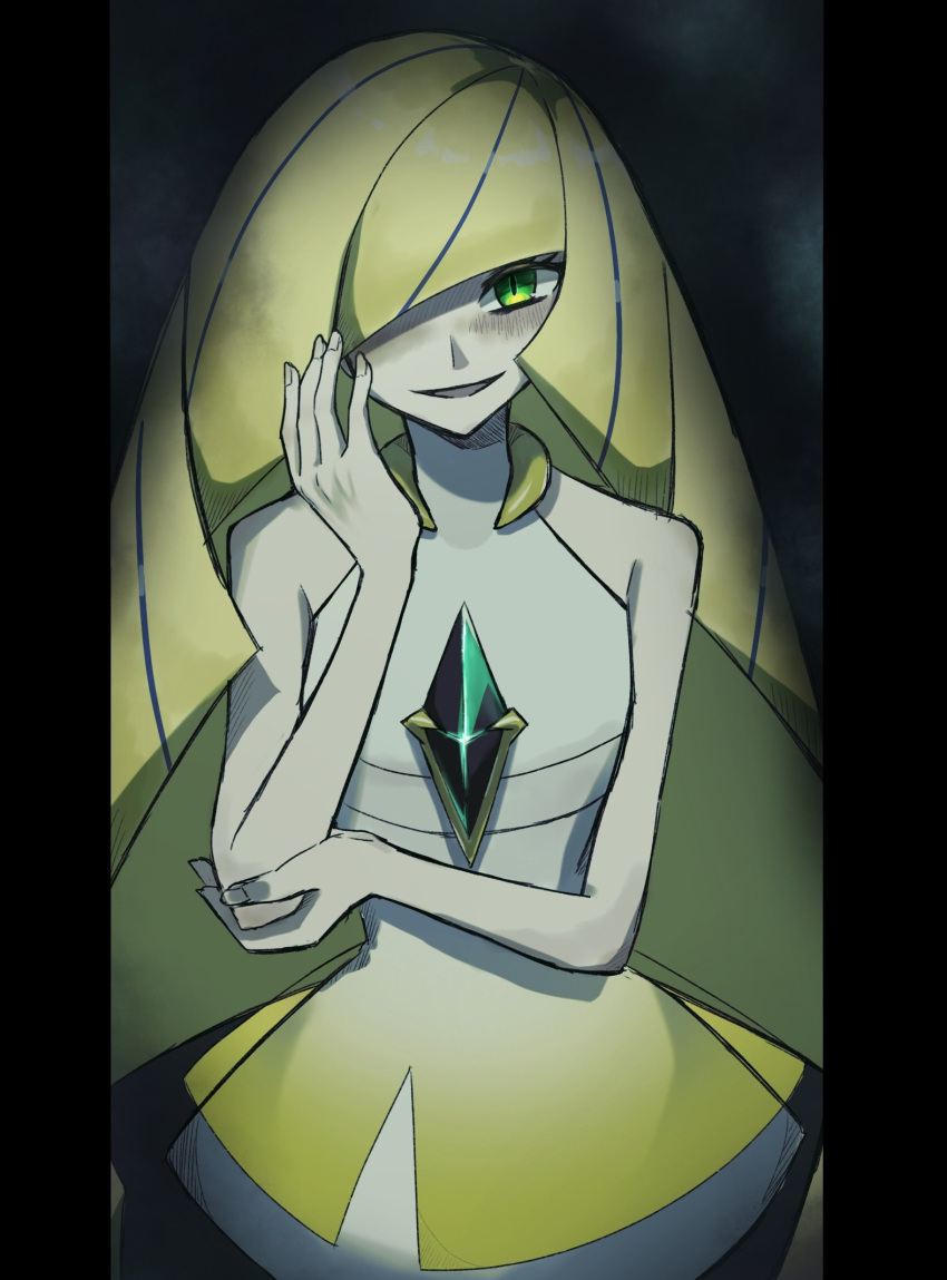 1girl, bare_shoulders, blonde_hair, chest_jewel, cowboy_shot, diamond_(shape), dress, eyelashes