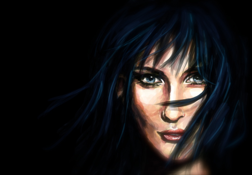 1girl, black_background, black_hair, blue_eyes, blunt_bangs, charlienozaki, commentary, english_commentary, long_hair, looking_at_viewer, nico_robin, one_piece, portrait, realistic, simple_background, solo