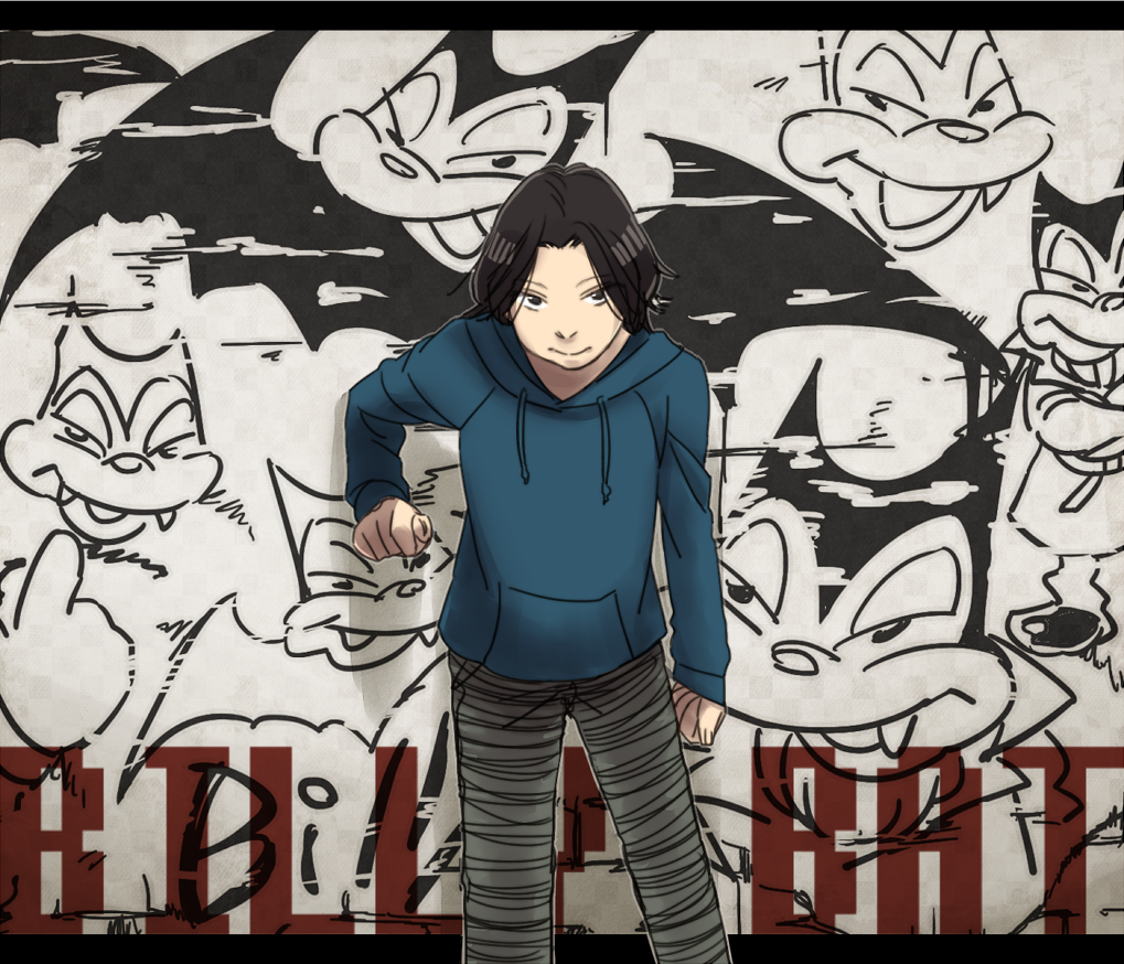 1013hpa, 1boy, billy_bat, black_border, black_hair, black_pants, blue_hoodie, blue_sweater, border, clenched_hands, commentary_request, copyright_name, feet_out_of_frame, graffiti, grey_background, hood, hood_down, hooded_sweater, hoodie, looking_to_the_side, male_focus, outside_border, pants, parted_bangs, solo, standing, sweater, timmy_charles_sanada
