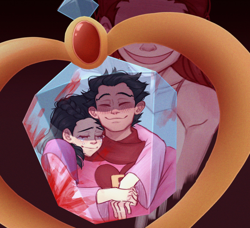 1boy, 2girls, ace_attorney, bare_shoulders, black_background, black_hair, blood, blood_on_jewelry