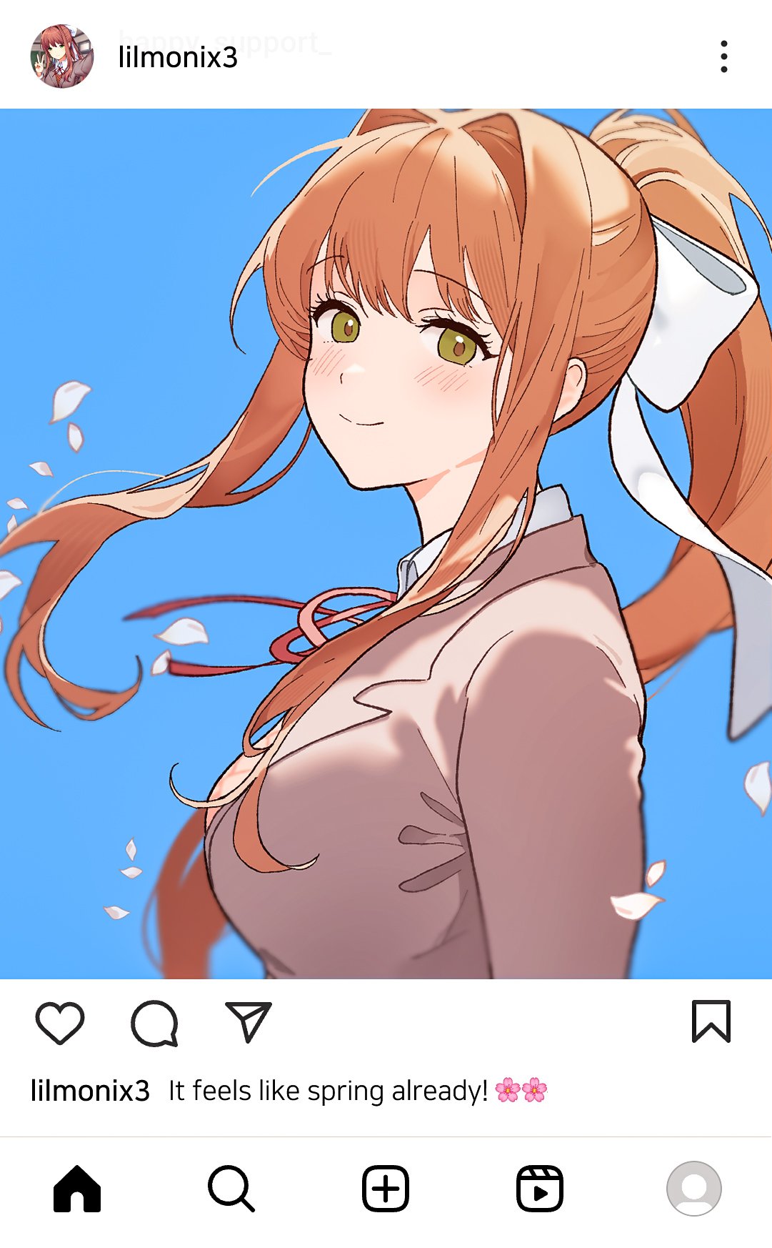 1girl, arms_at_sides, blazer, blush, bow, breasts, brown_hair, closed_mouth, collared_shirt, doki_doki_literature_club, fake_phone_screenshot, fake_screenshot, floating_hair, from_side, green_eyes, grey_jacket, hair_bow, hair_intakes, high_ponytail, highres, instagram, jacket, large_breasts, long_hair, long_sleeves, looking_at_viewer, monika_(doki_doki_literature_club), neck_ribbon, red_ribbon, ribbon, school_uniform, shirt, sidelocks, smile, social_network, solo, upper_body, white_bow, white_shirt, yuna_4568