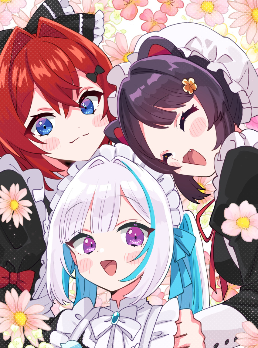 3girls, :d, absurdres, ange_katrina, apron, black_bow, black_shirt, blue_hair, blush_stickers, bow, brooch, closed_eyes, closed_mouth, colored_inner_hair, crossed_bangs, facing_viewer, fang, flower, frilled_apron, frills, hair_between_eyes, hair_bow, hair_flower, hair_intakes, hair_ornament, highres, inui_toko, jewelry, juliet_sleeves, lize_helesta, long_hair, long_sleeves, looking_at_viewer, maid, maid_headdress, multicolored_hair, multiple_girls, neck_ribbon, nijisanji, open_mouth, parted_bangs, pink_flower, puffy_sleeves, purple_hair, redhead, ribbon, sanbaka_(nijisanji), shirt, short_hair, sidelocks, smile, streaked_hair, sukoyaka_(100hituzi), twintails, upper_body, virtual_youtuber, white_apron, white_hair, white_ribbon