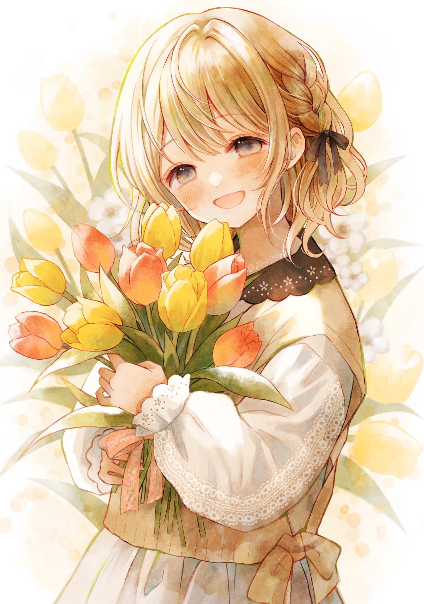 1girl, :d, black_ribbon, blush, bouquet, braid, brown_hair, cowboy_shot
