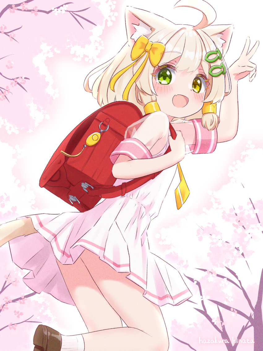 1boy, :d, absurdres, ahoge, animal_ears, backpack, bag, blonde_hair