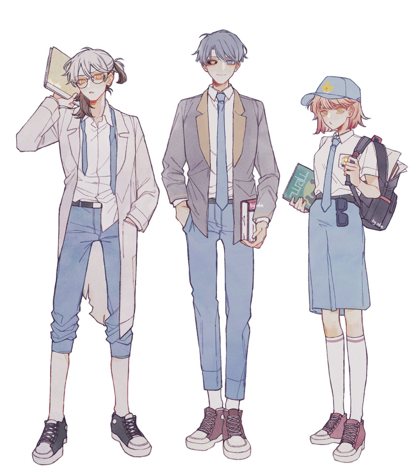 1boy, 1girl, 1other, backpack, bag, baseball_cap, belt, black_bag