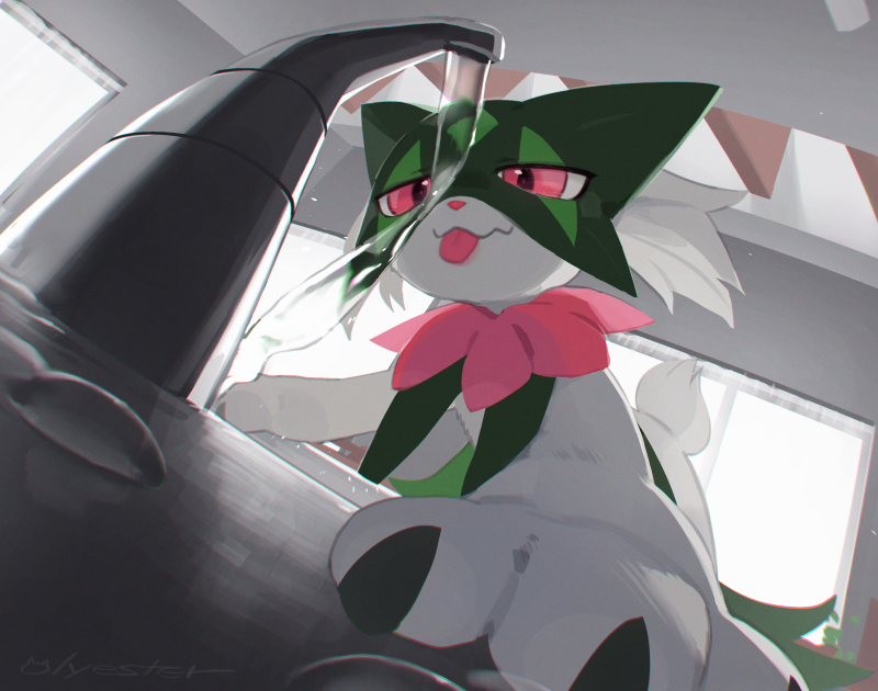 animal_nose, body_fur, failure, faucet, green_fur, indoors, meme, meowscarada, nagasaki_wonderful, no_humans, pokemon, pokemon_(creature), red_eyes, sink, smile, solo, water, window