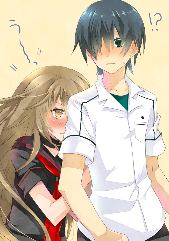 black_hair, blush, brown_eyes, brown_hair, green_eyes, hair_over_one_eye, long_hair, morino_ryoushi