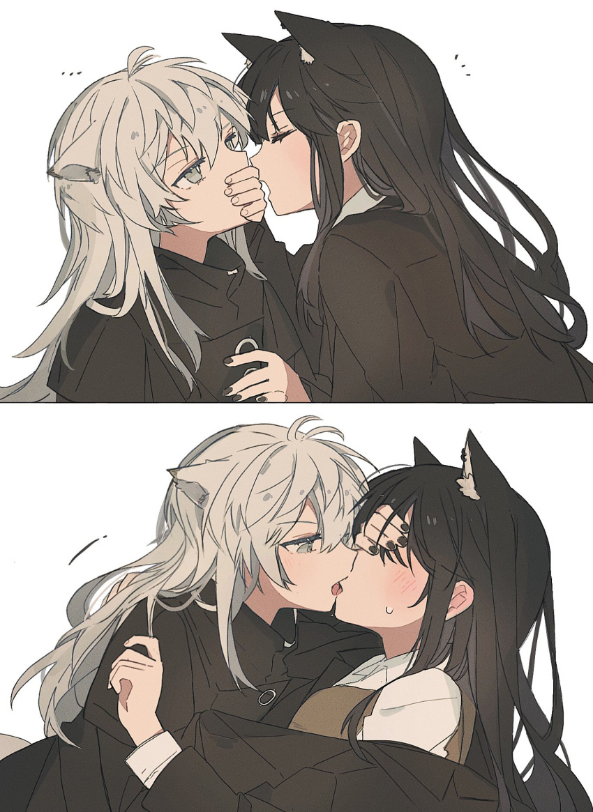 ..., 2girls, animal_ear_fluff, animal_ears, arknights, black_hair, black_jacket, black_nails