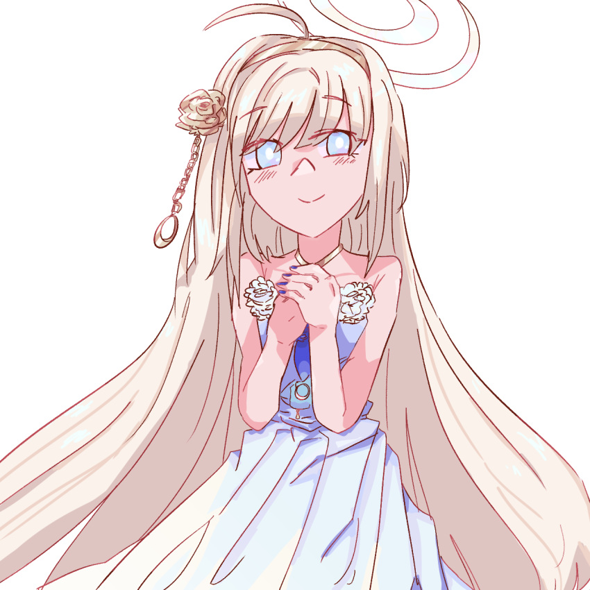 1girl, ahoge, blonde_hair, blue_eyes, blue_nails, blush_stickers, bright_pupils, chain