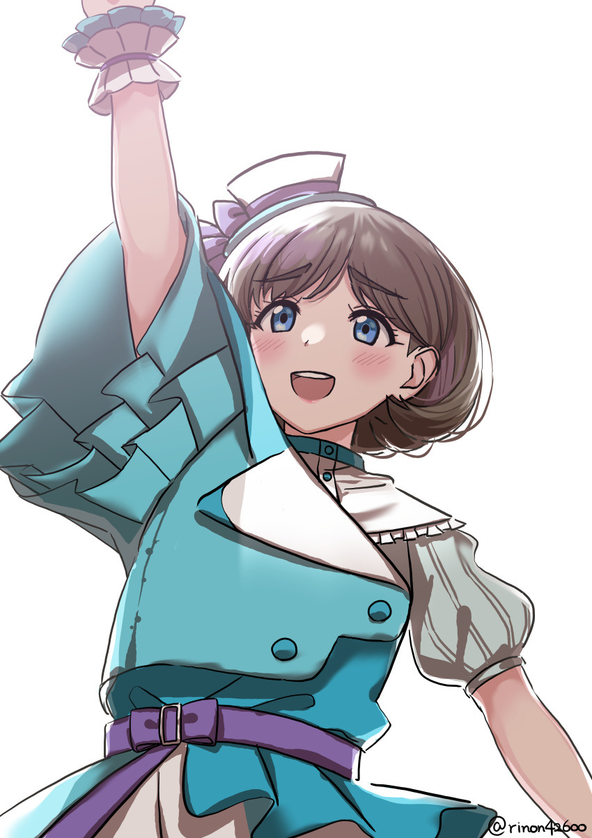 1girl, absurdres, arm_up, asymmetrical_clothes, belt, blue_eyes, blush, commentary_request
