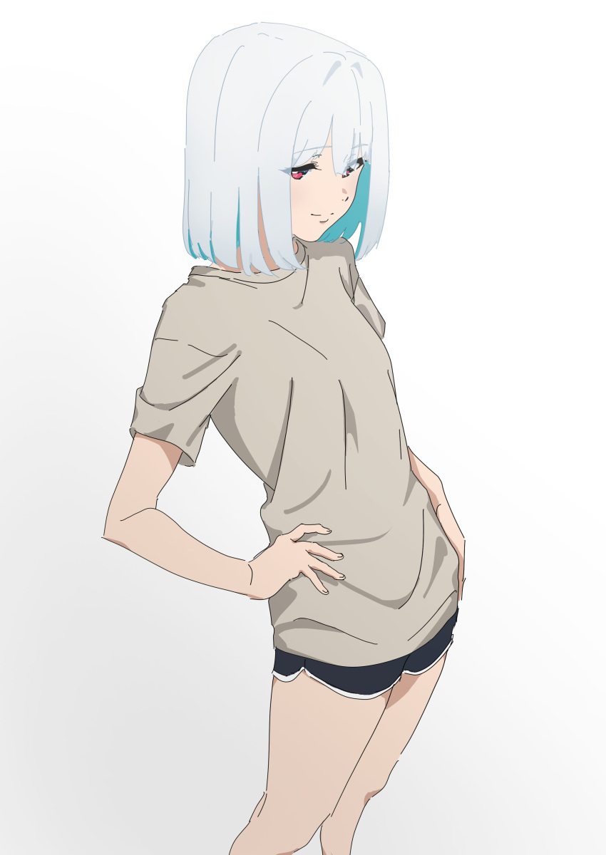 1girl, absurdres, breasts, cygames, highres, looking_at_viewer, lulu_(bang_bravern), ojin, red_eyes, shirt, short_hair, short_sleeves, simple_background, small_breasts, smile, solo, t-shirt, white_background, white_hair, yuuki_bakuhatsu_bang_bravern